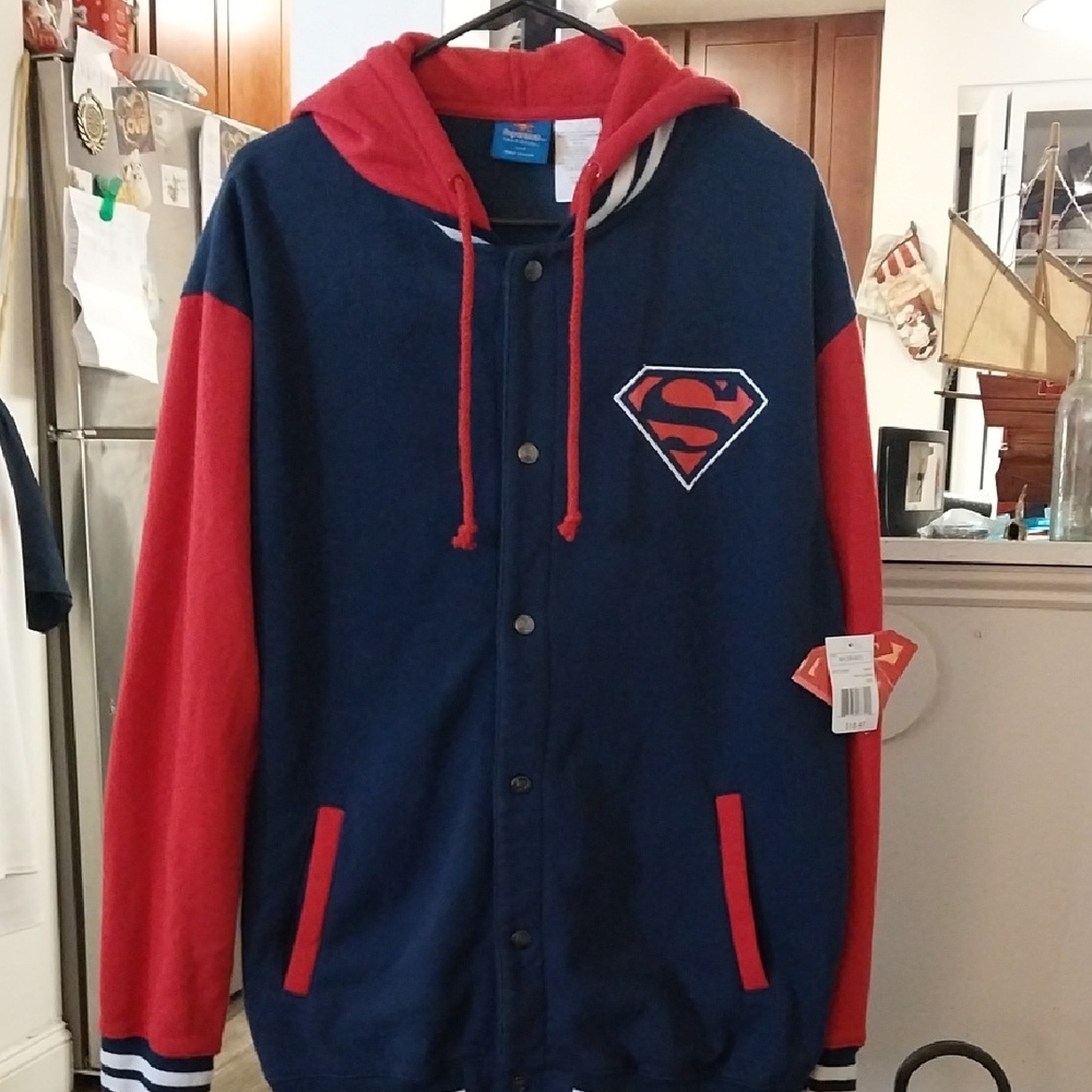 Vintage -2013-DC Comics Superman Red and Navy Men's Varsity Button Hooded Jacket